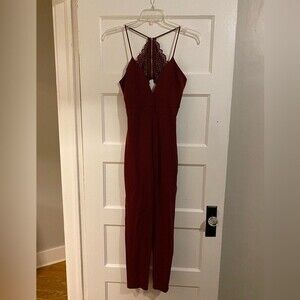 Crimson Red Lace Strapped Zippered Full Pant Jumpsuit